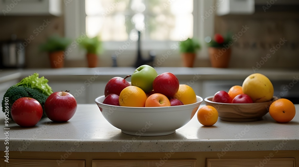 Bowl of fresh fruits and vegetables on a kitchen counter Bowl of fresh fruits and vegetables on a kitchen counter