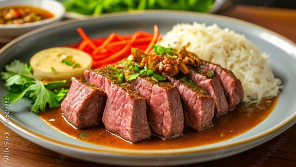 Deliciously cooked beef with rice and vegetables ready to be savored Deliciously cooked beef with rice and vegetables ready to be savored