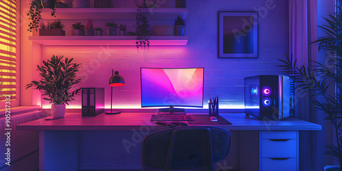 Enhancing Your Desk Setup | Stylish Desk Design: Computer Monitor and Colorful Light Accents