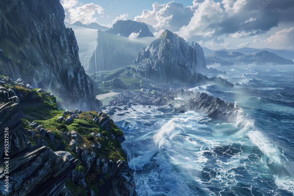 Fototapeta premium Rugged Cliffs and Crashing Waves Along a Coastal Landscape