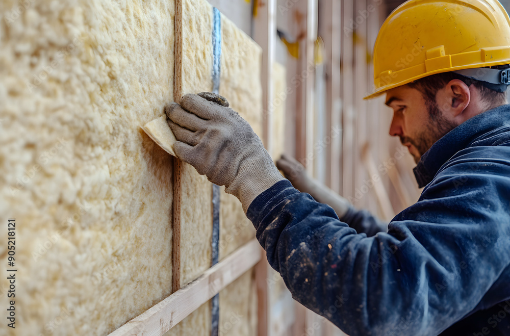 A Man Wearing a Helmet and Work Gloves Inspects the Wall of a Construction Site, Demonstrating Safety Measures and Quality Control in Building Projects A Man Wearing a Helmet and Work Gloves Inspects the Wall of a Construction Site, Demonstrating Safety Measures and Quality Control in Building Projects