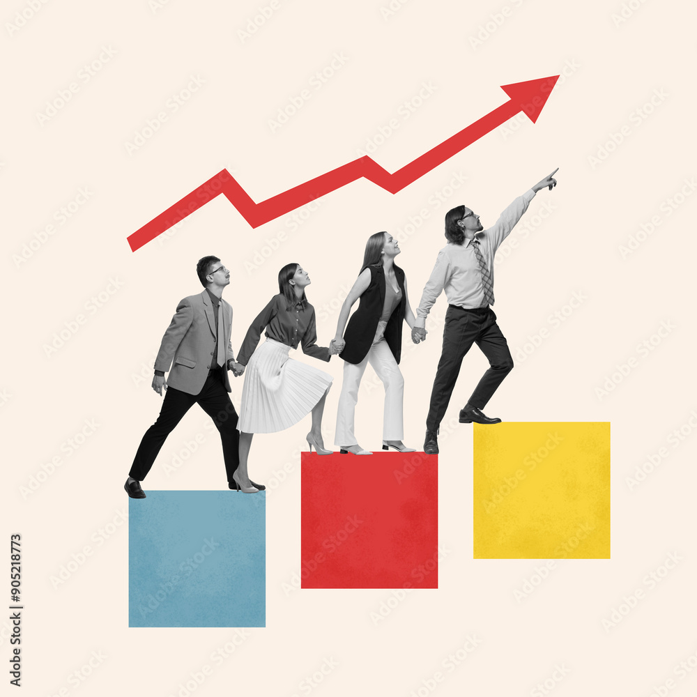 © Lustre Art Group  - Contemporary art collage. Group of motivated professionals go up following graphics line to achieving goals, to get success. Concept of business idea, teamwork, motivation, development. Ad