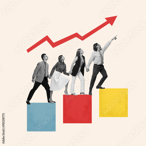 Contemporary art collage. Group of motivated professionals go up following graphics line to achieving goals, to get success. Concept of business idea, teamwork, motivation, development. Ad