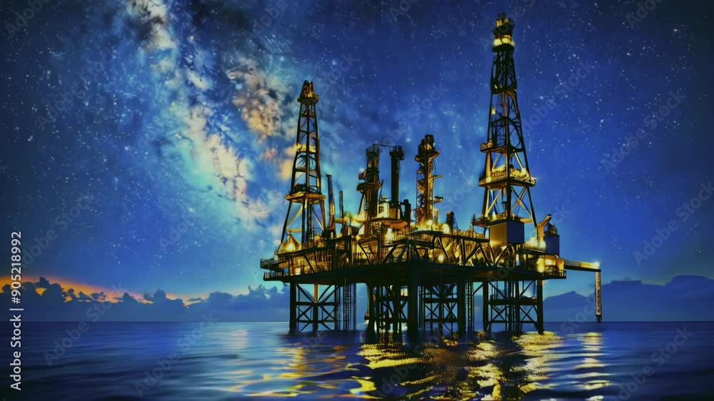 Oil rig at night. Milky way shines above. Offshore drilling rig extracting crude oil on the sea or ocean. Illustration for power industry, petroleum engineering, technology, oilfield.