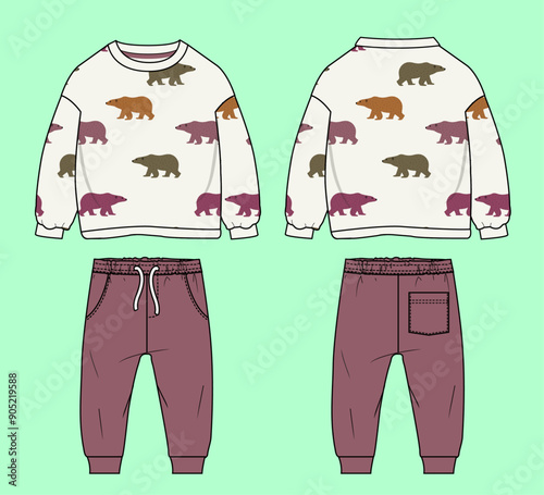 Boys drop shoulder terry fleece bear animal pattern sweatshirt and cuff jogger flat sketch outline vector fashion illustration template.