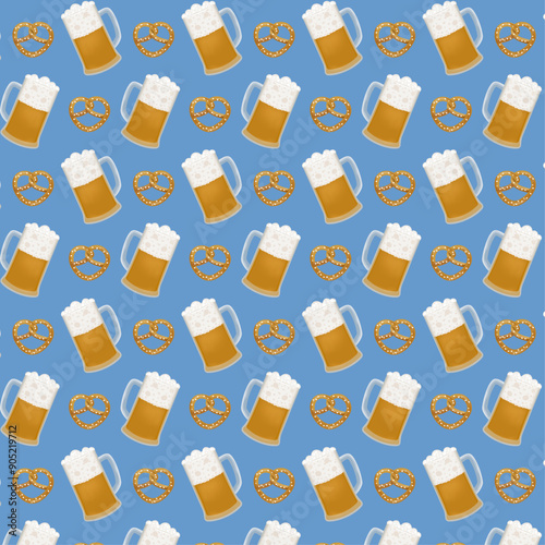 Seamless pattern for packaging and wrapping paper. Mug of beer with foam and brown pretzel with salt on blue background. Print for gift bag. Ornament for fabric and textile. Vector illustration.