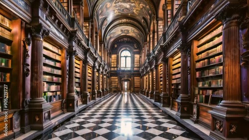 An old university library with shelves filled with countless vintage books, beautiful woodwork on the vaulted ceiling, shelves and pillars, and a polished marble checker floor.