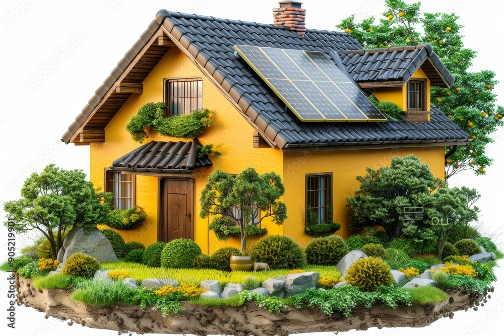 Charming yellow house with solar panels in a vibrant, lush setting, ideal for sustainable suburban living. Charming yellow house with solar panels in a vibrant, lush setting, ideal for sustainable suburban living.