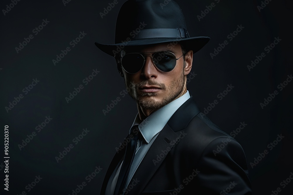 Stylish Man in Black Suit and Hat Posing Confidently Against Dark Background Stylish Man in Black Suit and Hat Posing Confidently Against Dark Background