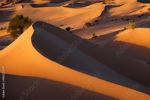 Golden desert dunes illuminated by the first light of sunrise, casting long shadows and creating a beautiful contrast