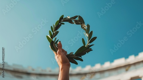 hand holding a laurel wreath 
