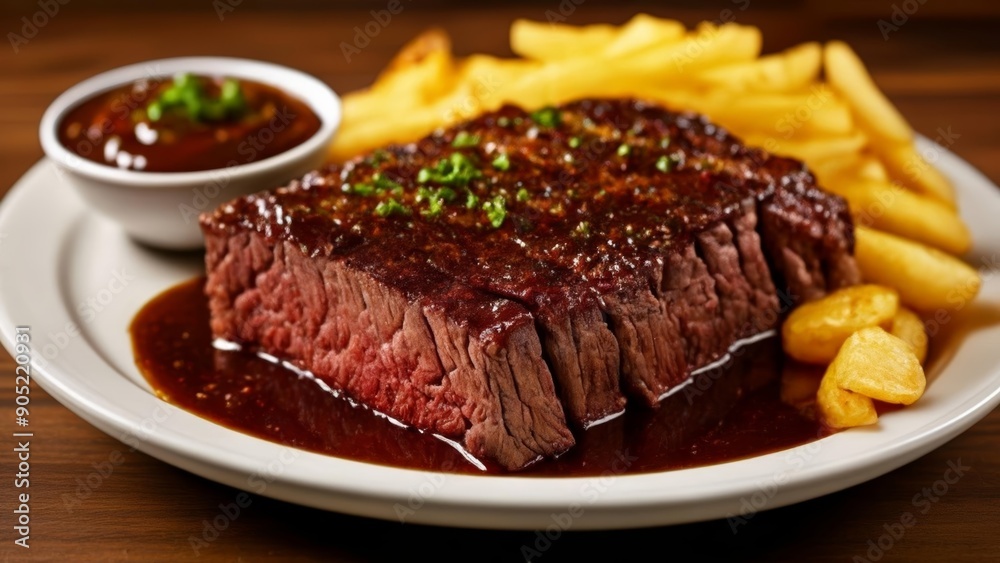 Deliciously cooked steak and fries ready to be savored Deliciously cooked steak and fries ready to be savored