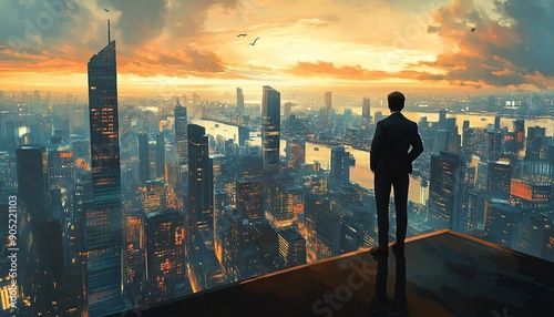 Growth and Prosperity: Businessperson Overlooking a Thriving Cityscape, businessperson standing on a high vantage point