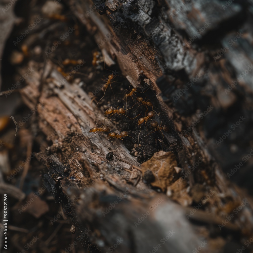 A close-up shot of a group of ants working on decaying wood, highlighting nature's cycle and perseverance. A close-up shot of a group of ants working on decaying wood, highlighting nature's cycle and perseverance.