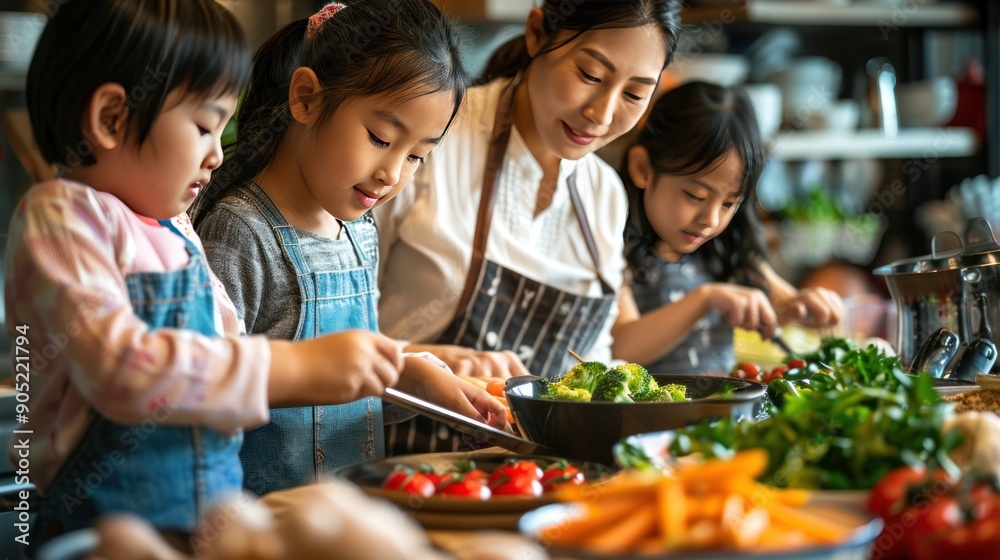 A group of students cooks family-style. A group of students cooks family-style.