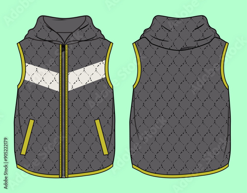 Boys and Mens quilting zip through gilet hoodie outerwear vest flat sketch outline vector fashion illustration template.