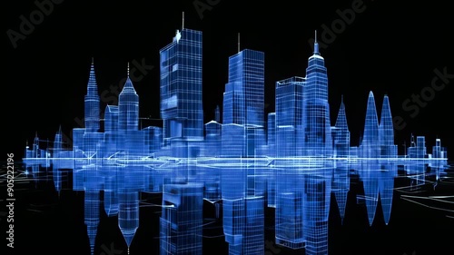 Building and raising buildings. Wire frame blue silhouettes of growing cities with connected lights represent the construction process. Black dark background with water reflection. .