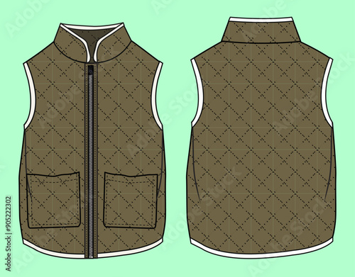 Boys and Mens olive colour quilting zip through funnel neck gilet outerwear vest flat sketch outline vector fashion illustration template. 