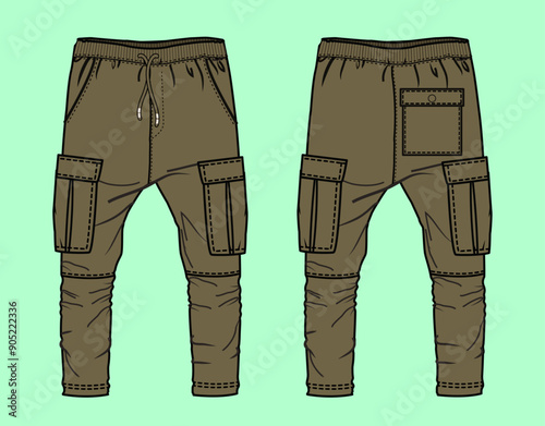 Boys and Mens olive colour twill cargo pants flat sketch outline vector fashion illustration template.