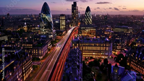 High Speed Internet Rays Passing Through Busy Down ton Aerial Shot At Dusk High Speed Financial Transactions High Tech Urban Area