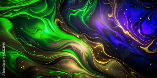 Bright abstract texture of green, gold, and blue marble with swirls, glitter.