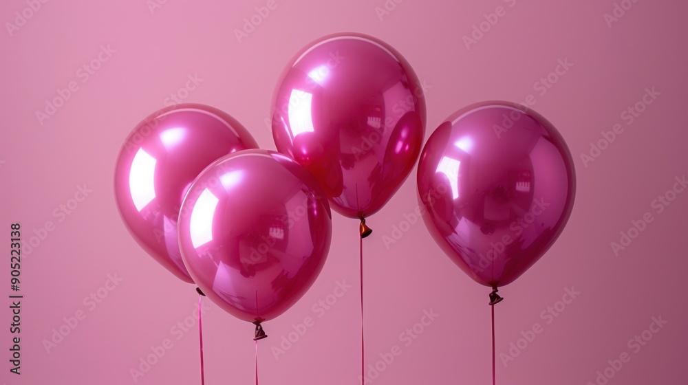 Four shiny pink balloons floating gracefully against a soft pink backdrop. Four shiny pink balloons floating gracefully against a soft pink backdrop.