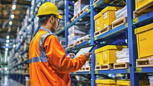 Worker using tablet PC and statistical data. Inventory control. Warehouse management systems.