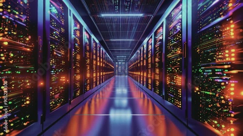 Rendering of fly-through rack servers in a data center. Digital of global big data.