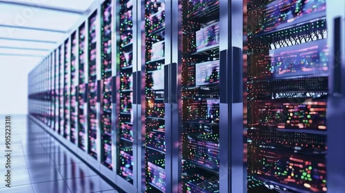 Flow moving through rack servers in a cloud data center. rendering.