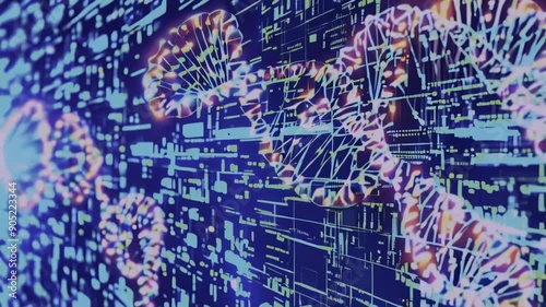 Medical profile of patient showing genome sequence, DNA visualization, cell mitosis, chromosome animation. Healthcare information.