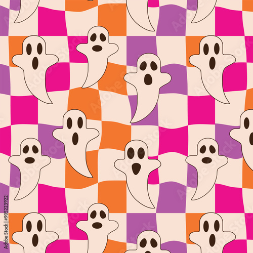 Halloween scary ghosts seamless pattern on warped checkerboards in pink, orange and purple. For Halloween fabric, textile and wrapping paper