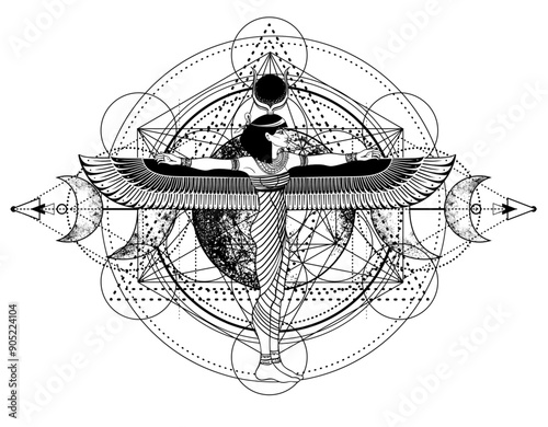 Sacred geometry with egypt symbol. Wings and all seeing eye. Alchemy, religion, spirituality, occultism. Isolated vector illustration. Conspiracy theory. Drawing tattoo art. Coloring book.