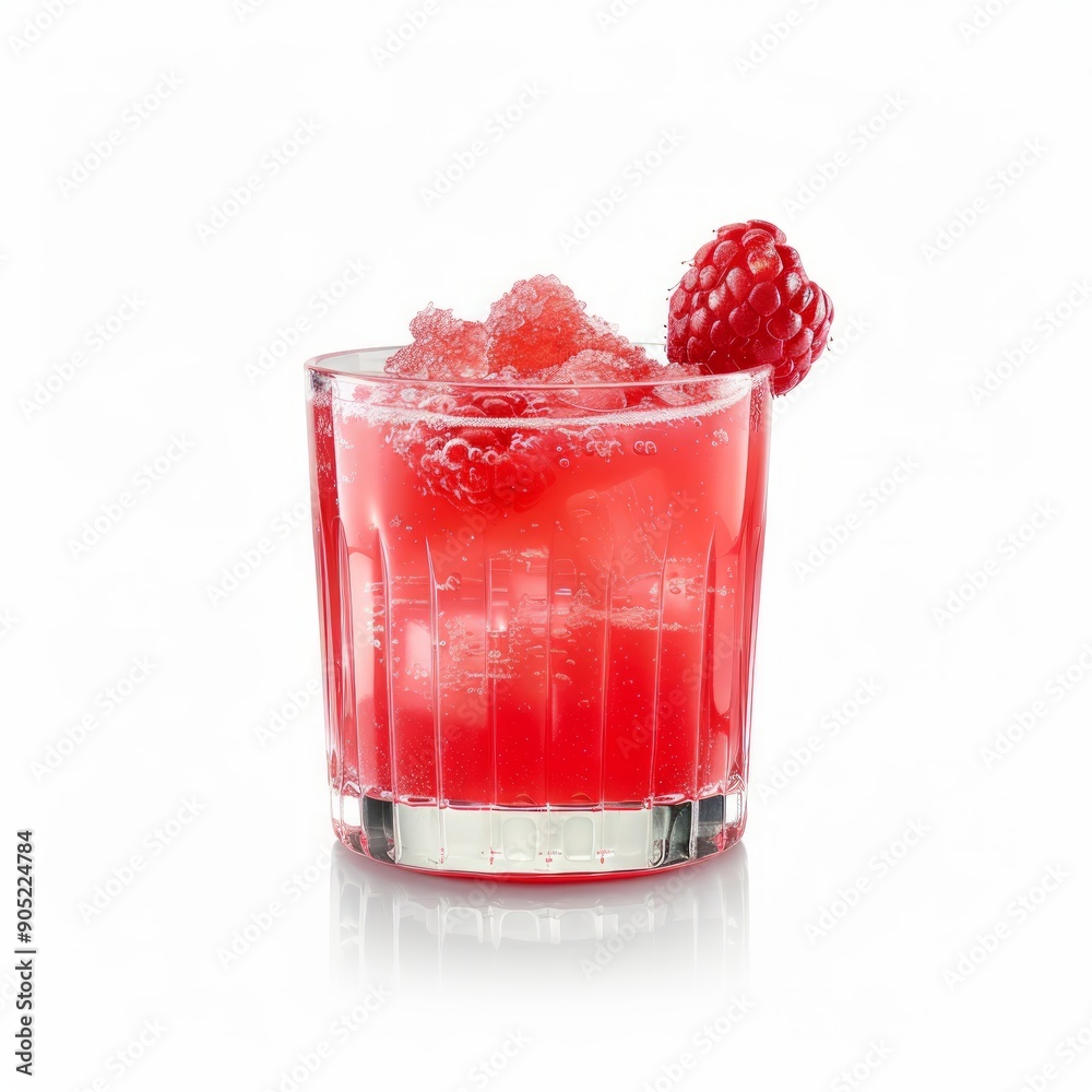 Medium shot of Glass of Raspberry juice near the Raspberry, isolated on a white background Medium shot of Glass of Raspberry juice near the Raspberry, isolated on a white background