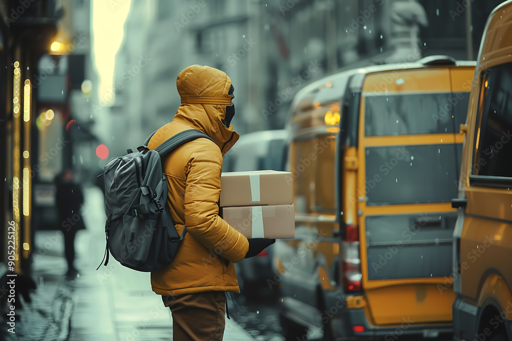An illustration of a delivery courier transporting goods, showcasing the efficiency and reliability of modern delivery services. The scene emphasizes the importance of timely and accurate deliveries i An illustration of a delivery courier transporting goods, showcasing the efficiency and reliability of modern delivery services. The scene emphasizes the importance of timely and accurate deliveries i
