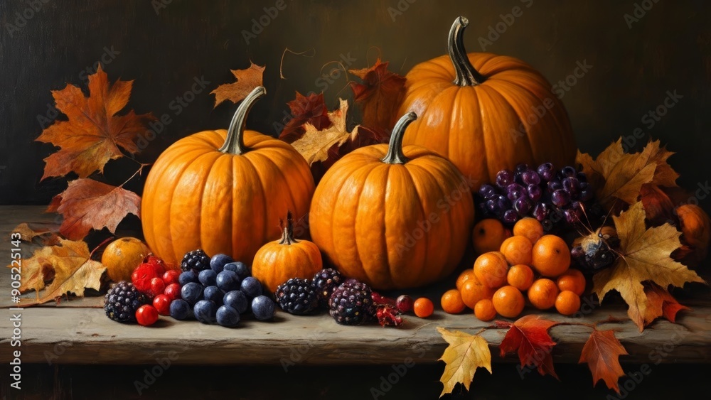  Autumn bounty  Pumpkins and fruits in a still life