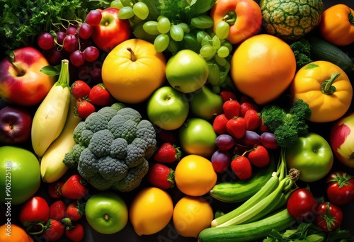vibrant aerial display seasonal fresh fruits vegetables showcasing colorful array bounty captivating arrangement, asparagus, avocado, berries, broccoli