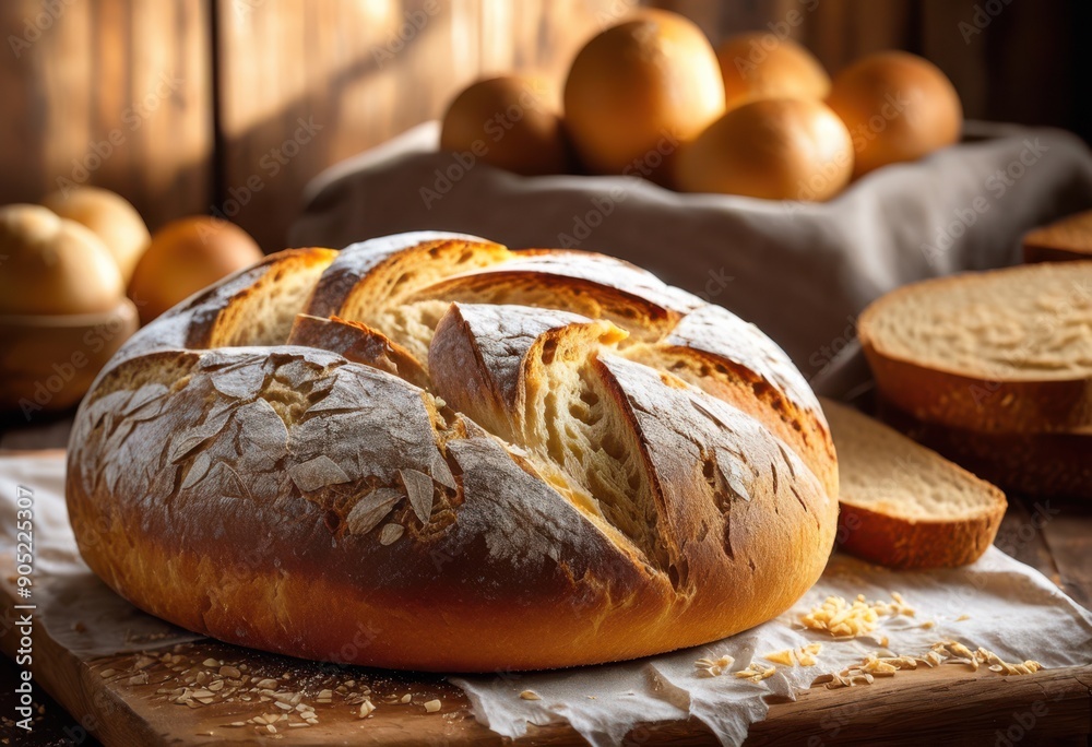 close rustic textured loaf bread placed wooden board natural grain patterns showcasing its artisan quality, homemade, organic, ingredients, baking, crust close rustic textured loaf bread placed wooden board natural grain patterns showcasing its artisan quality, homemade, organic, ingredients, baking, crust