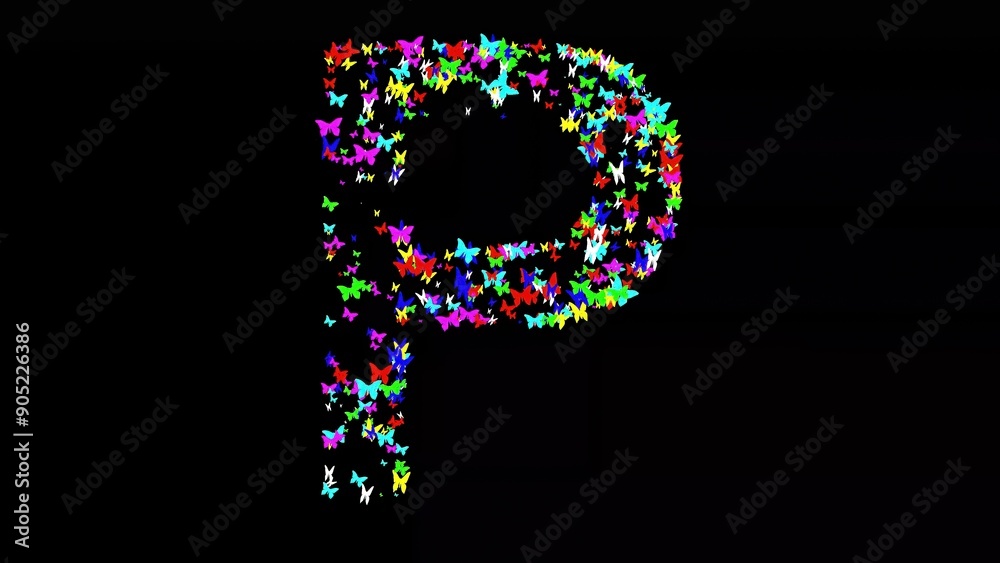 Beautiful illustration of English alphabet P with colorful butterflies on plain black background Beautiful illustration of English alphabet P with colorful butterflies on plain black background