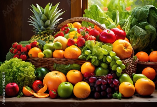 vibrant display fresh fruits vegetables showcasing colorful variety bounty, abundance, appetizing, arrangement, assorted, beauty, culinary, delicious