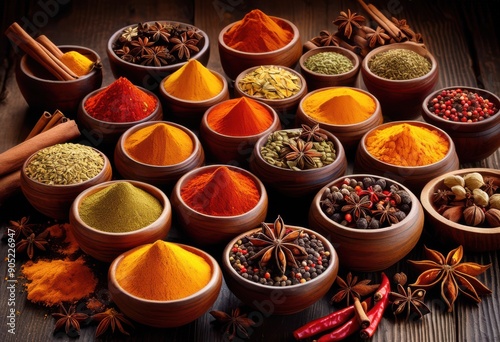 vibrant spice assortment displayed rich wooden backdrop showcasing colorful spices various jars bowls culinary inspiration, herbs, flavor, aroma, seasoning