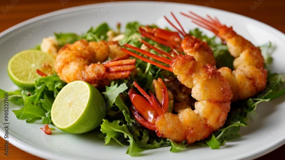 Delicious shrimp salad with lime wedges ready to be savored Delicious shrimp salad with lime wedges ready to be savored