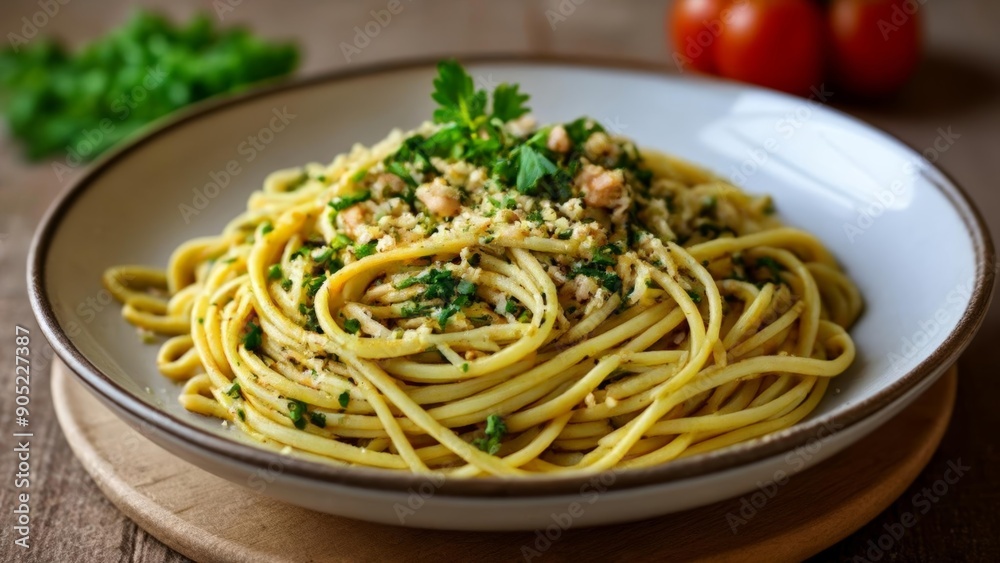 Delicious pasta dish with fresh herbs and toasted nuts ready to be enjoyed Delicious pasta dish with fresh herbs and toasted nuts ready to be enjoyed