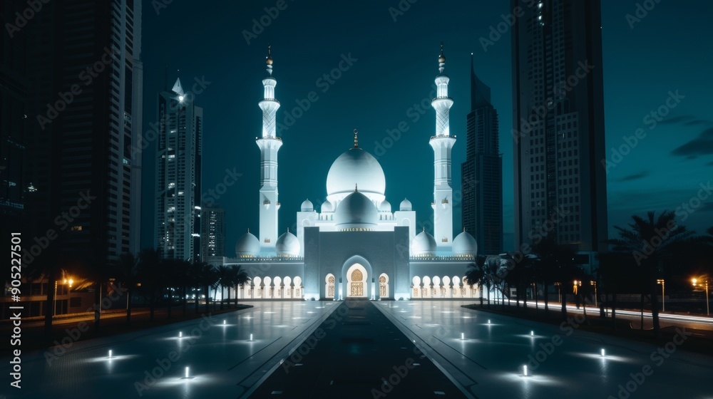 Obraz premium A beautifully crafted mosque in the heart of a neon-lit metropolis, blending traditional Islamic architecture with futuristic cityscape elements