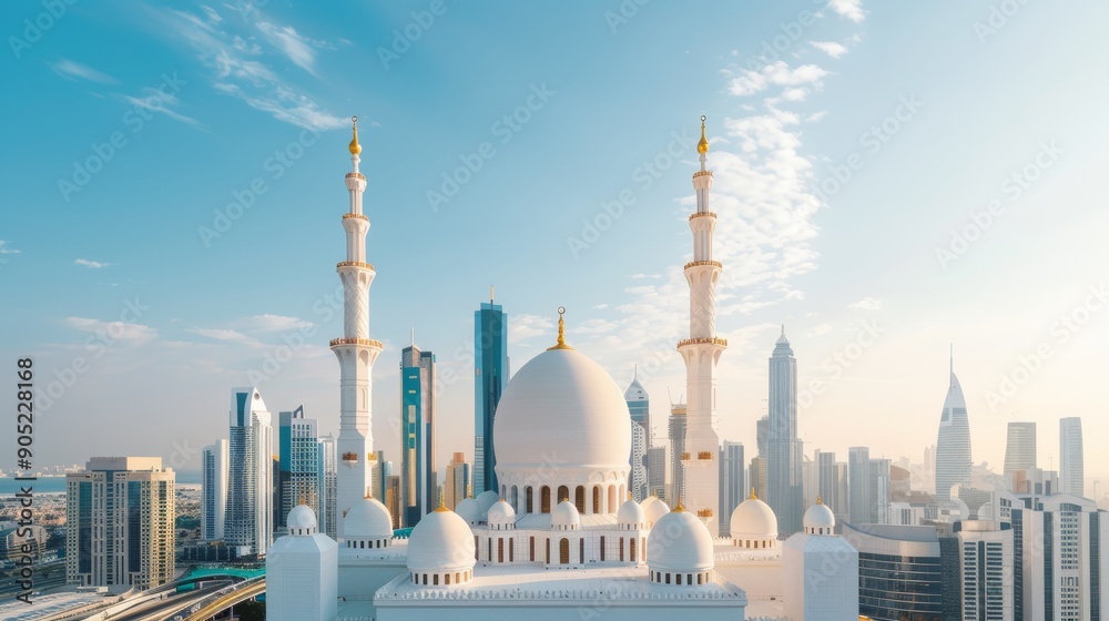 Obraz premium A bustling metropolis with a beautifully designed mosque at its center, the skyline filled with modern skyscrapers, and vibrant city life all around