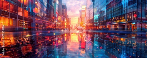 Cityscape Reflected in a Puddle on a Wet Street