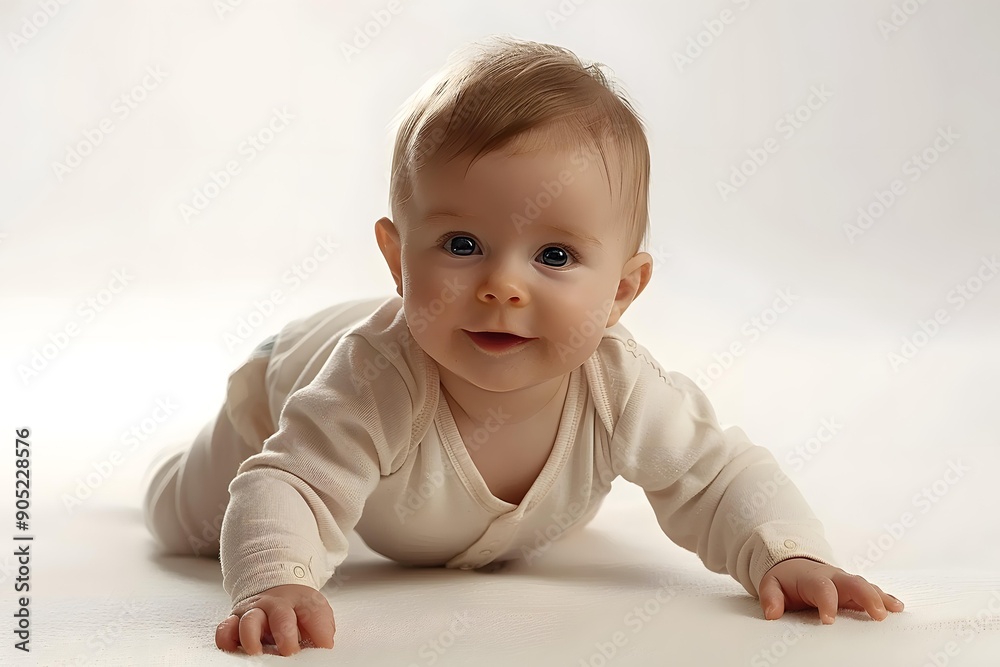Adorable Baby Girl Crawling on White Background Adorable Baby Girl Crawling on White Background