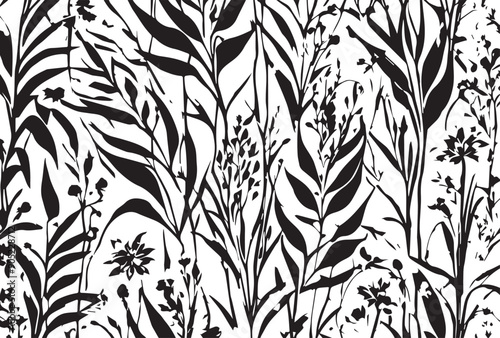 art vintage monochrome watercolor and graphic floral pattern with leaves on light background; Seamless Pattern; Illustration