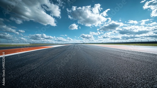 A straight shot of a black asphalt race track with a red and white dividing line. The sun shines on a blue sky with fluffy white clouds. It symbolizes speed, competition, success, ambition photo