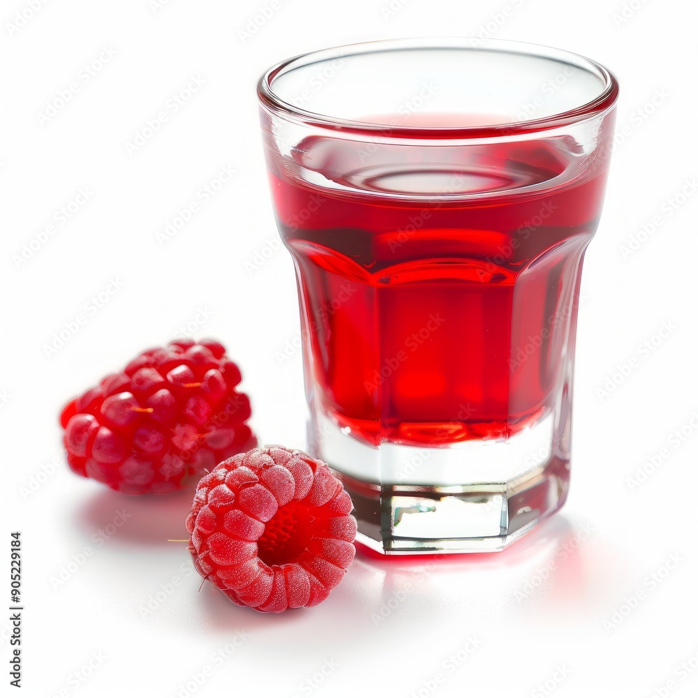 Medium shot of Glass of Raspberry juice near the Raspberry, isolated on a white background Medium shot of Glass of Raspberry juice near the Raspberry, isolated on a white background