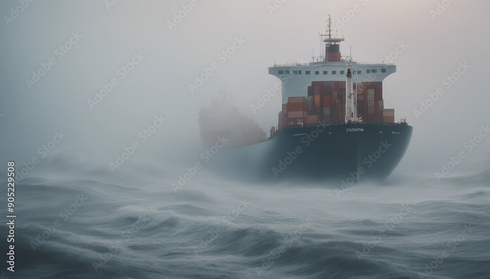 A cargo ship struggling through dense fog and towering waves in the early morning, with visibility near zero and the eerie sound of foghorns echoing.
A cargo ship struggling through dense fog and towering waves in the early morning, with visibility near zero and the eerie sound of foghorns echoing.
